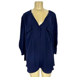 Torrid Plus Size 3X Women V-neck Harper Shirt Blouse Navy Blue Semi Sheer 35-24